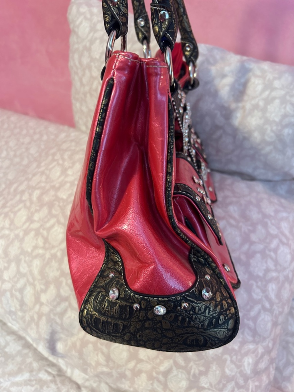 Pink Rhinestone Accent Satchel Handbag - Picture 4 of 7